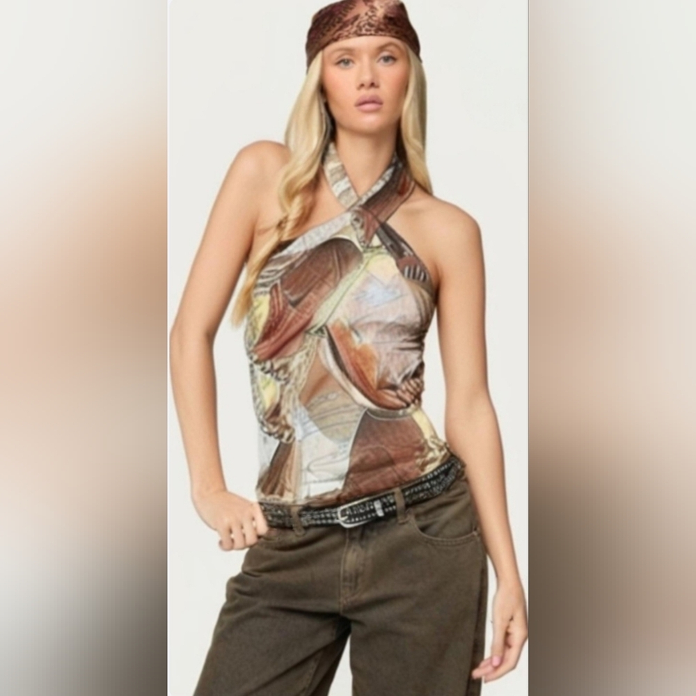 NWT PrettyLittleThing Brown Abstract Print Halter Top